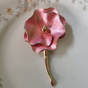 Vintage Pink Ruffle Flower Gold Tone Trimmed Enamel Metal Retro Brooch Large
